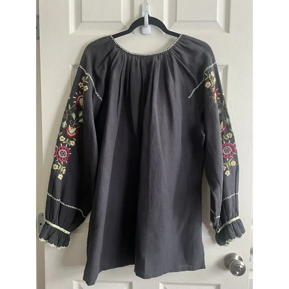 J. PETERMAN Dark Gray Floral Embroidered Bohemian Peasant Tunic Blouse Top Sz L - Picture 6 of 12
